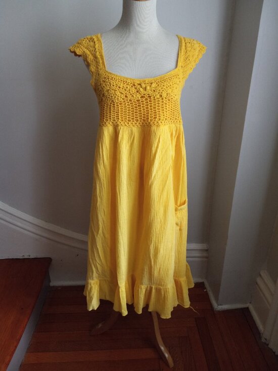 Candies Dresses & Skirts - VINTAGE 70S CANDIES YELLOW COTTON GAUZE CROCHET DRESS XL L